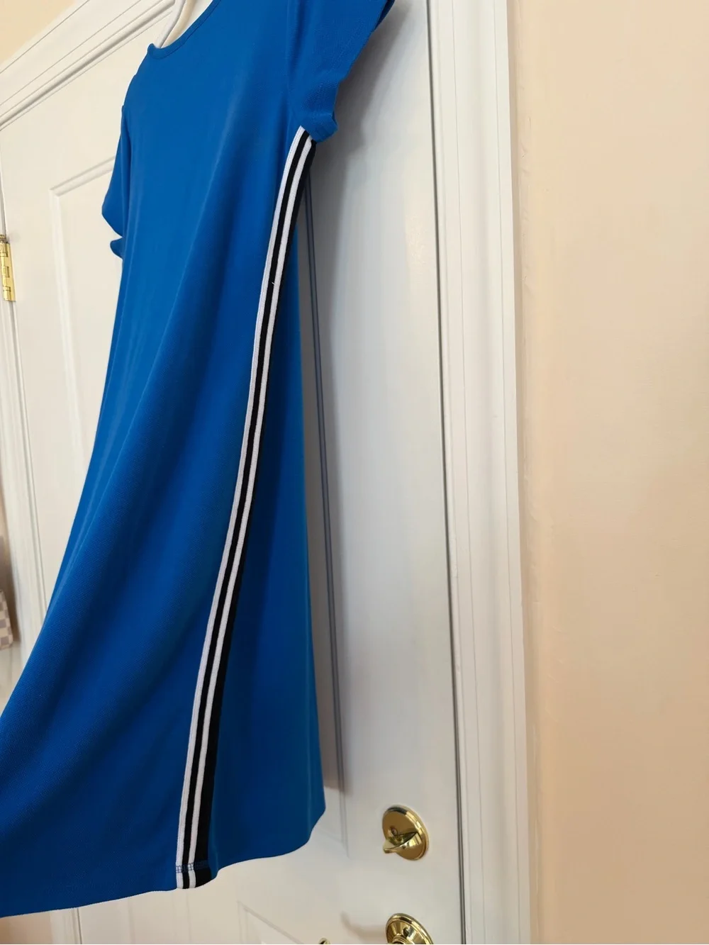 Talbots Cobalt Blue Short Sleeve Dress with Black & white stripe Side Panels